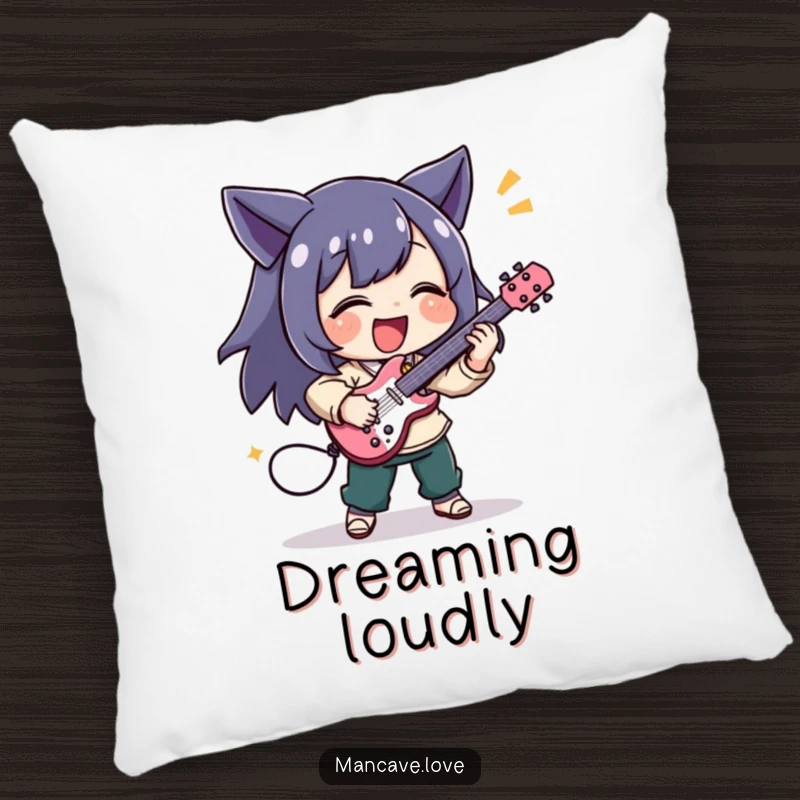 Funny pillow with a character joyfully playing a tiny air guitar with excitement, adding comfort and musical flair.