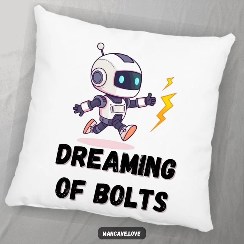 Funny Robot Pillow: A tiny robot character playfully chases a runaway bolt, offering soft comfort and humorous mechanical action.