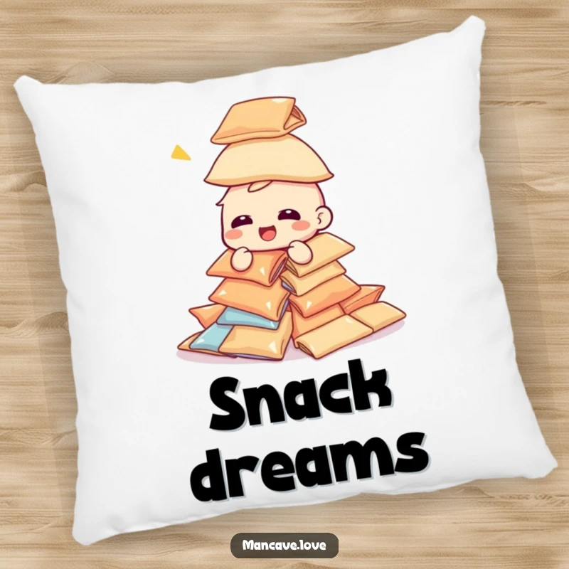 Funny giggling character pillow, attempting to build a tower of snack bags, cozy and humorous accent.