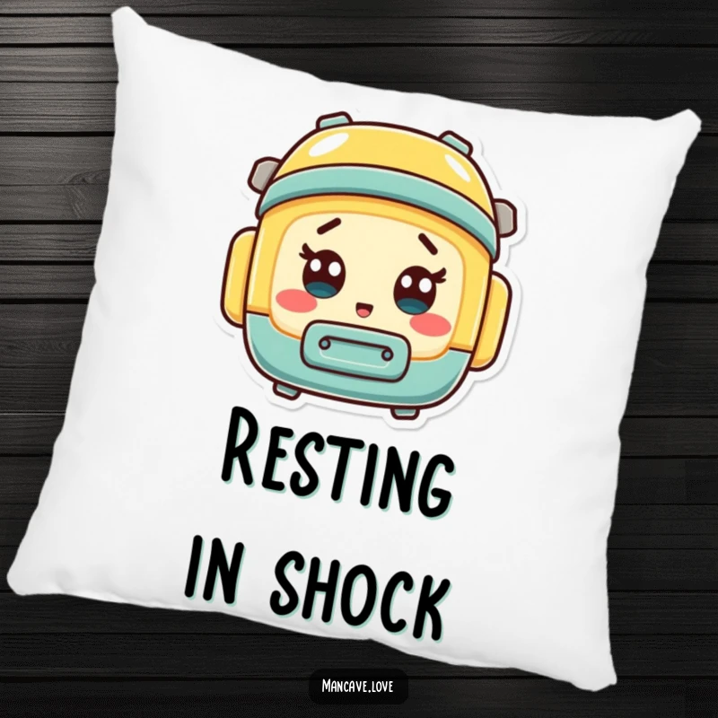 Funny mini toolbox character with a surprised expression, on a soft and decorative pillow.