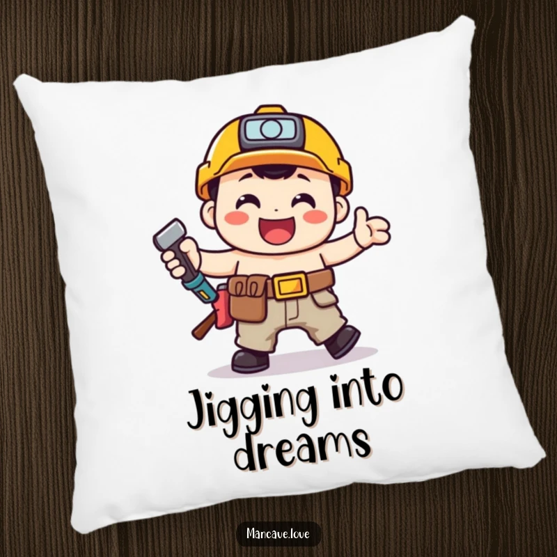 Funny toolbelt character doing a happy jig, on a soft and decorative pillow.