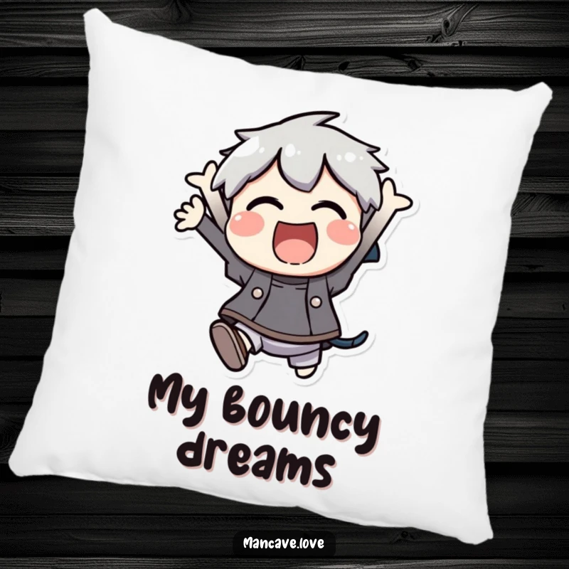 Funny Pillow: A character jumping with unbridled excitement, offering comfort and a spark of playful energy, a cozy funny gift.