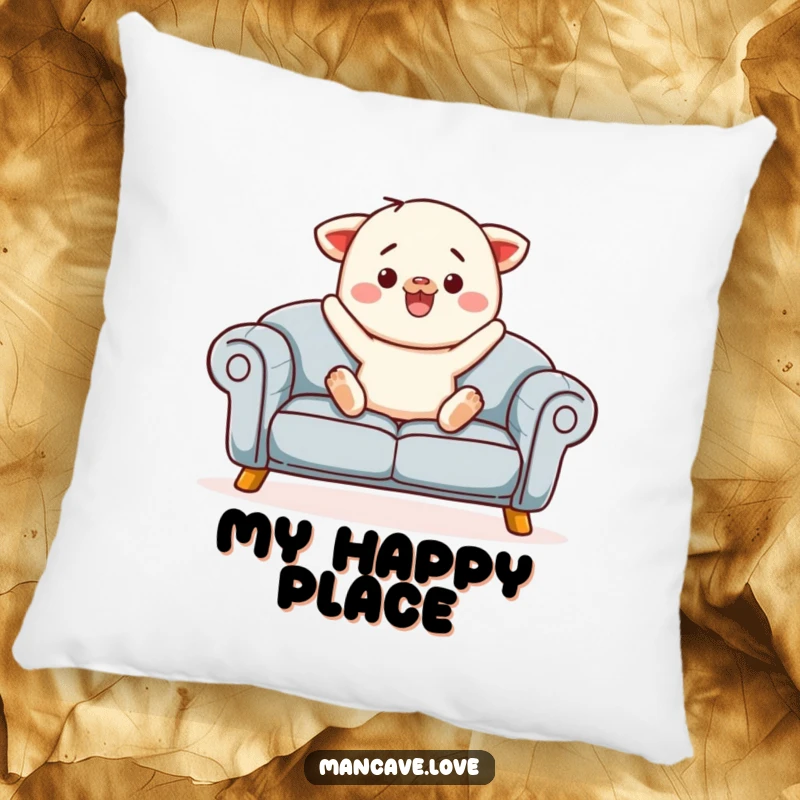 Funny sofa jump pillow with a contented sofa character inviting a jump, perfect for cozy relaxation.