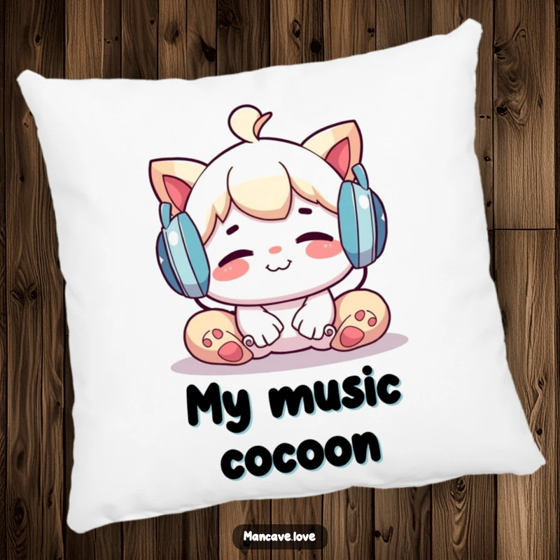 Funny Pillow: A character blissfully relaxing with oversized headphones, bringing comfort and a musical vibe, a delightful funny gift.