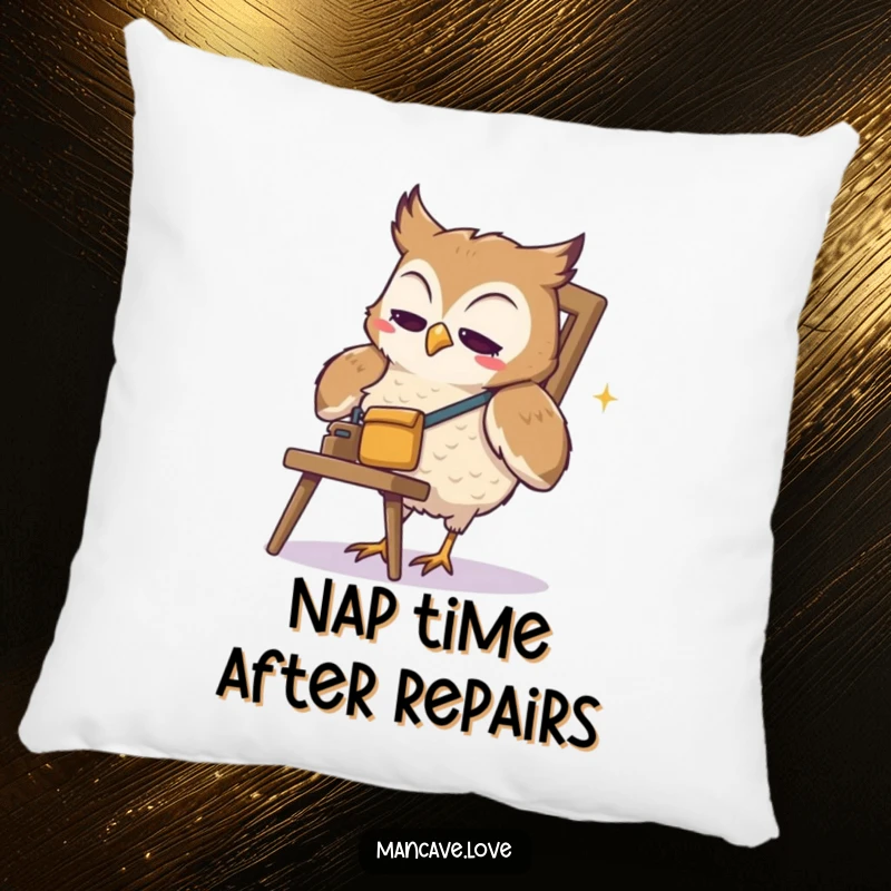 Funny Owl Pillow: A cute owl with a tool belt humorously attempts to fix a wobbly chair, offering plush comfort and laughs.
