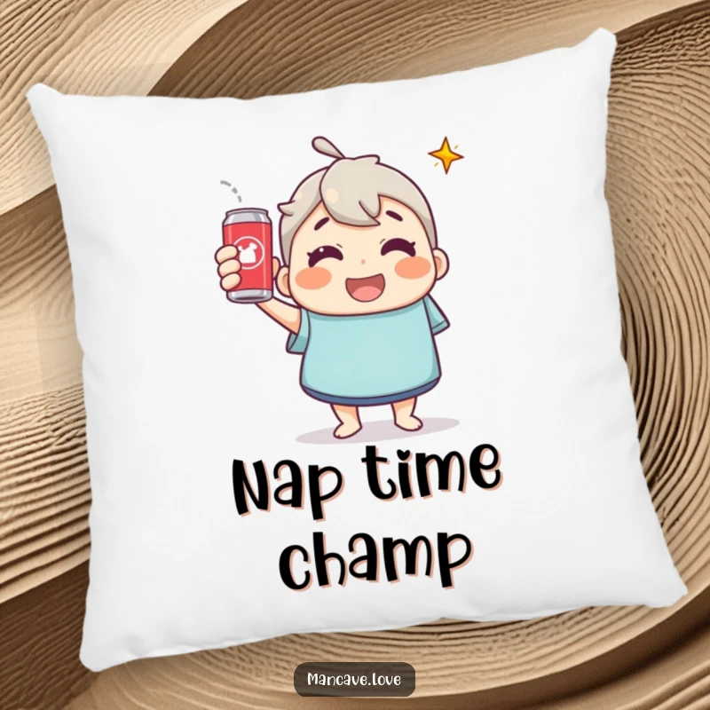 Funny Pillow: A cheerful character giving a celebratory toast with a soda can, bringing festive comfort and joy.
