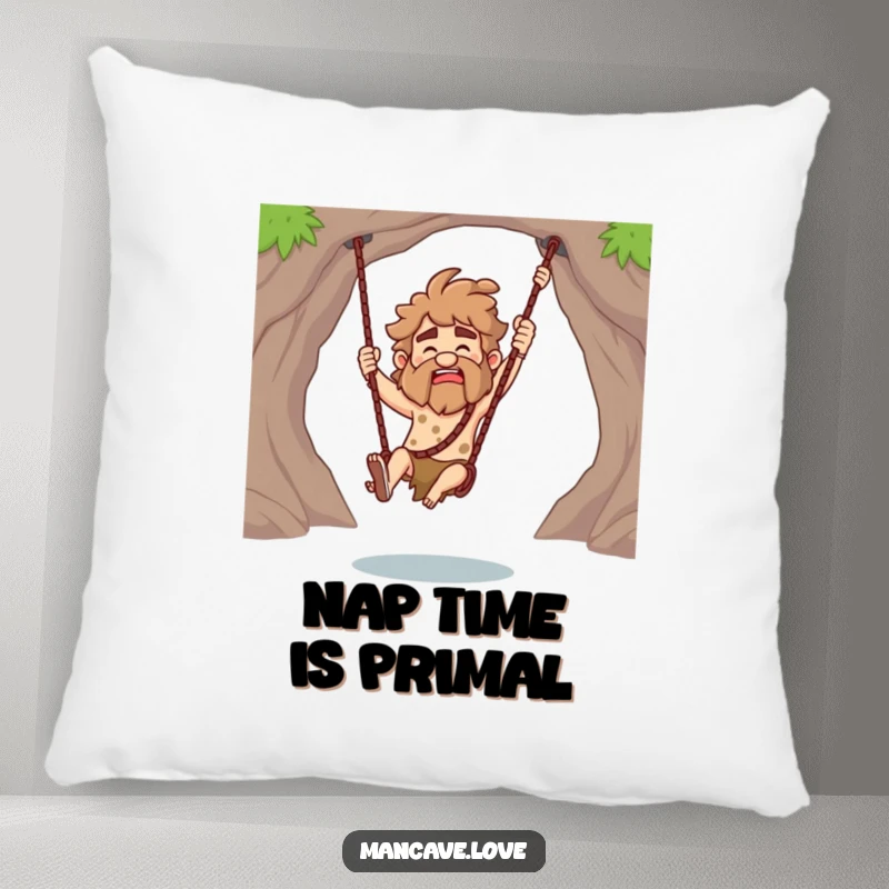 Funny Caveman Pillow featuring a club-wielding character in a playful swing, offering comfort and a touch of prehistoric humor.