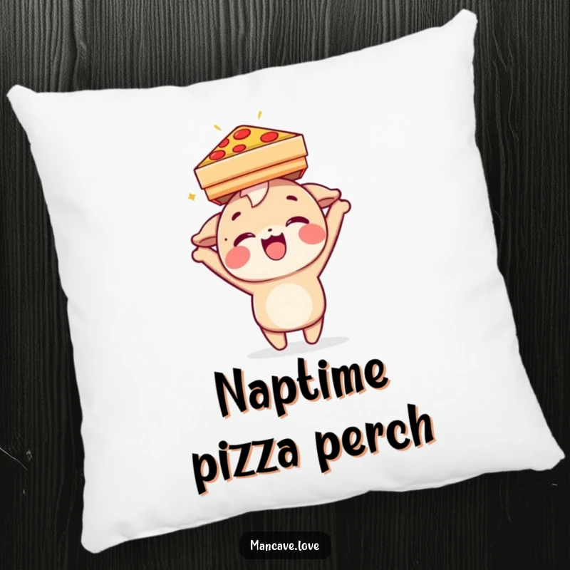 Funny Pillow: A delighted character humorously balancing a pizza box on its head, bringing cheesy comfort.