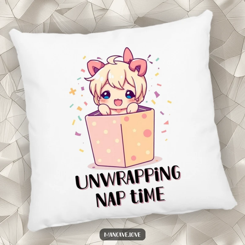 Funny pillow featuring a character bursting from a gift box with confetti, offering comfort and a humorous celebratory touch.