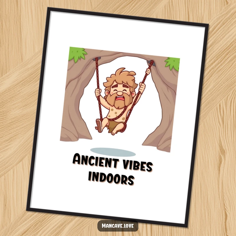 Funny Caveman Digital Art Print showing a character playfully swinging a club, offering instant prehistoric humor and decorative appeal.