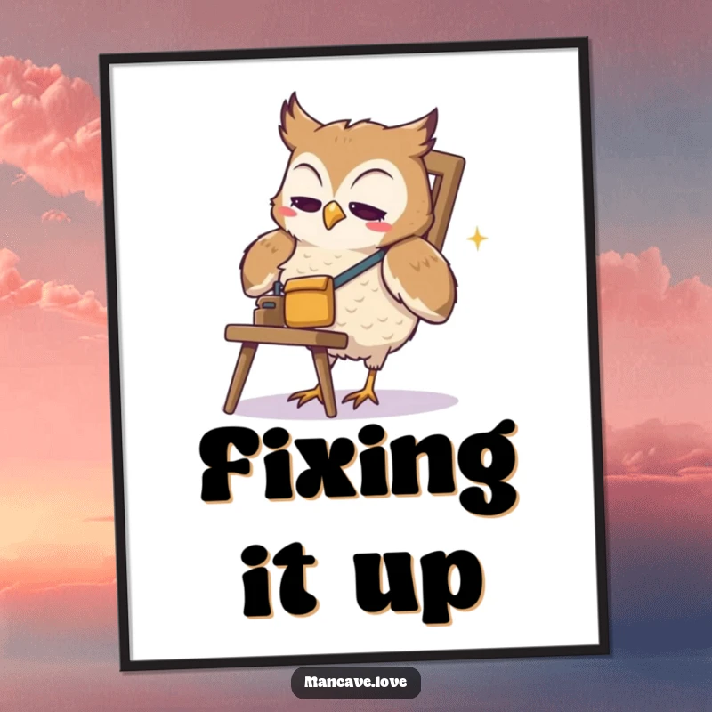 Funny Owl Digital Art: A cute owl wearing a tool belt humorously tries to fix a wobbly chair, ideal for funny wall decor.