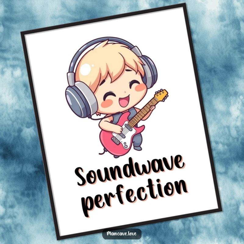 Funny Digital Art: A smiling character in oversized headphones, performing an epic air guitar solo, capturing the essence of musical freedom.