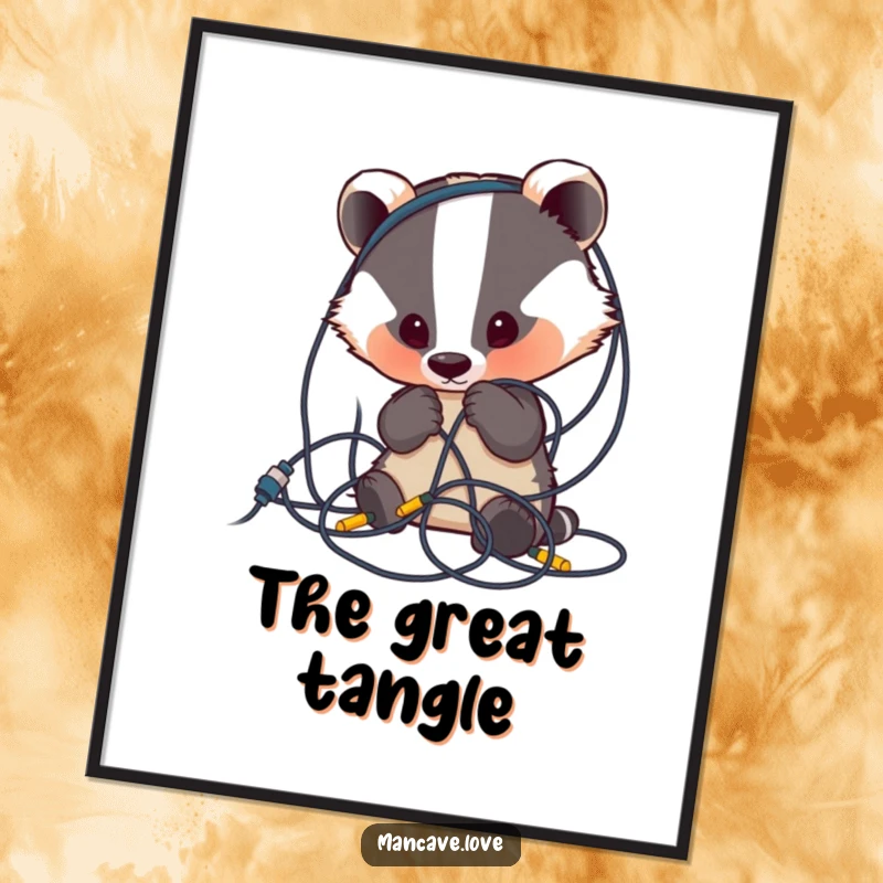 Funny Badger Digital Art: A cute badger character curiously examines a tangled mess of wires, creating humorous and charming wall decor.