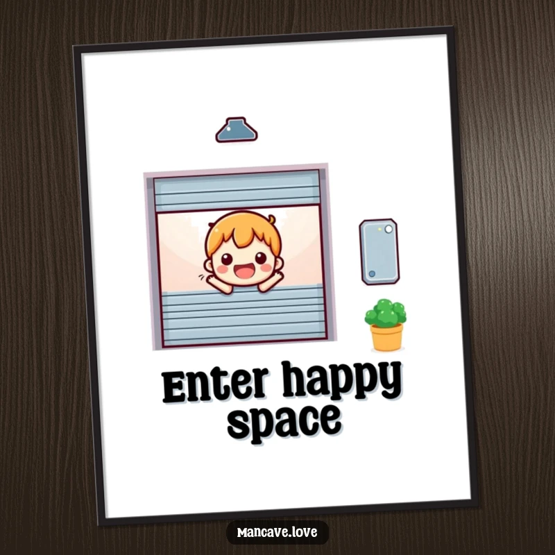 Funny miniature garage door character opening cheerfully, available as a high-resolution digital art print.