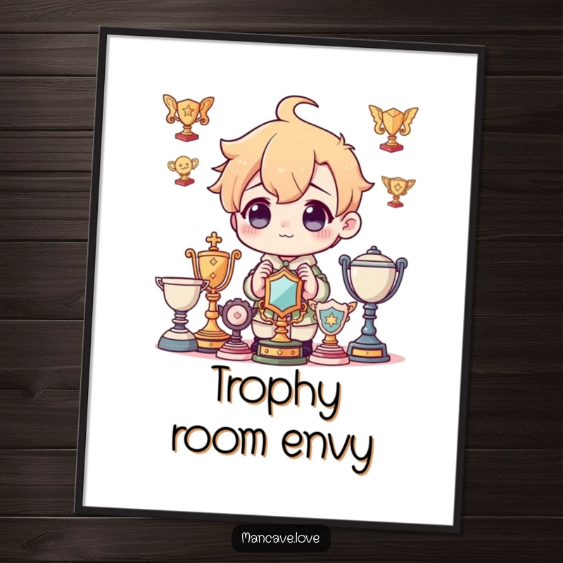 Funny Digital Art: A character admiring imaginary trophies, celebrating aspirations and dreams, a downloadable funny gift.