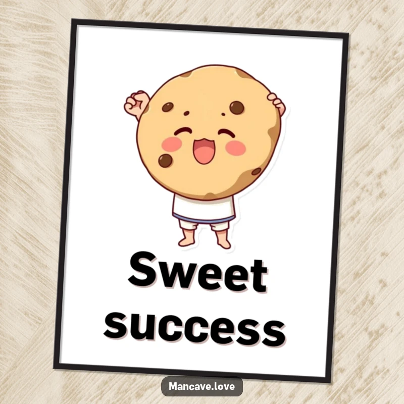 Funny digital art print of a character triumphantly holding a giant cookie with pride, perfect for sweet decor.