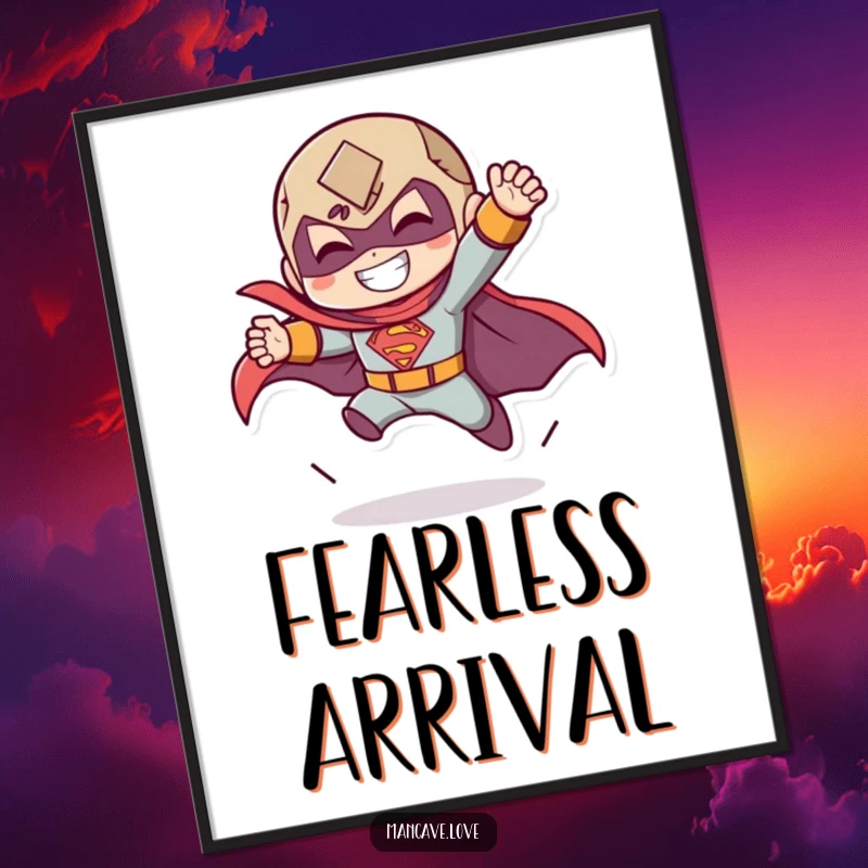 Funny digital art print of a character doing a dramatic superhero landing with a grin, perfect for heroic decor.