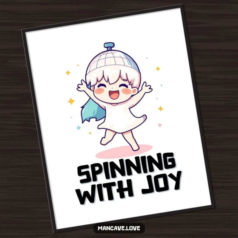 Funny digital art print of a character dancing with a spinning disco ball, offering instant humorous retro decor for screens or prints.