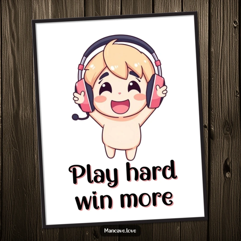 Funny gaming headset digital art of a cheerful character cheering loudly, perfect for gamer-themed decor.