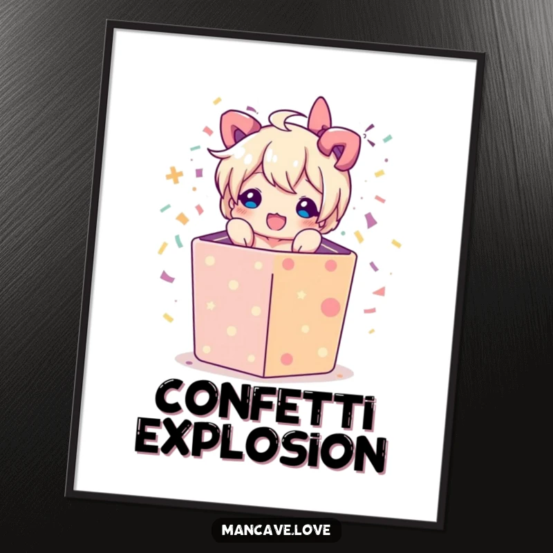 Funny digital art print of a character bursting from a gift box with confetti, offering instant humorous celebration decor for screens or prints.