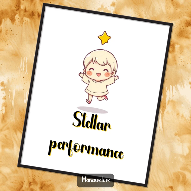 Funny Digital Art Print of a character doing a happy skip with a star, perfect for instant joyful and cheerful decor.