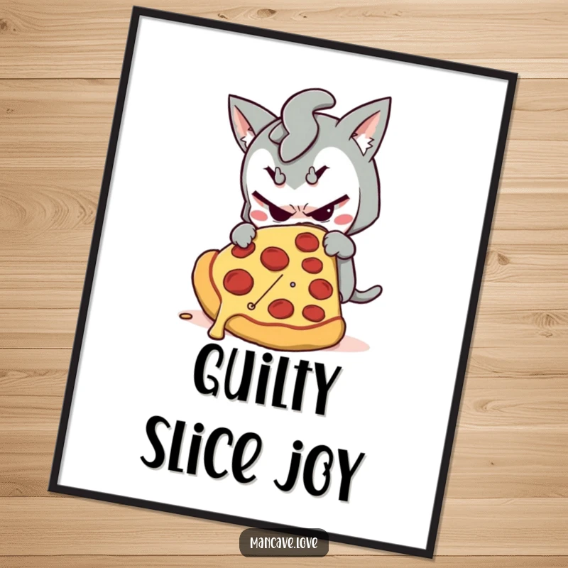 Funny digital art print of a mischievous character sneaking a giant slice of pizza, perfect for humorous foodie decor.