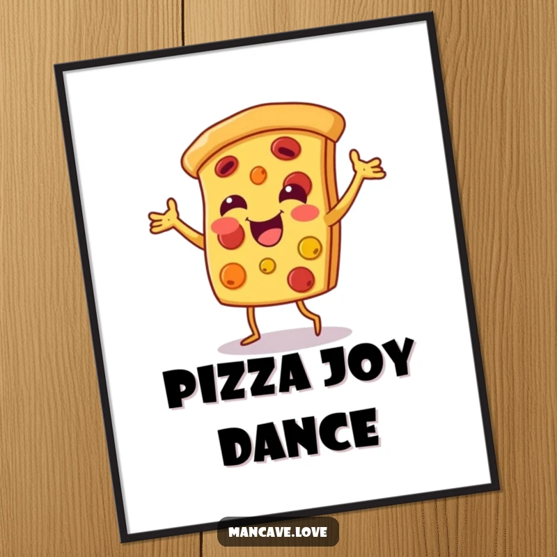 Funny pizza dance digital art of a smiling pizza slice character dancing joyfully, perfect for food-themed decor.