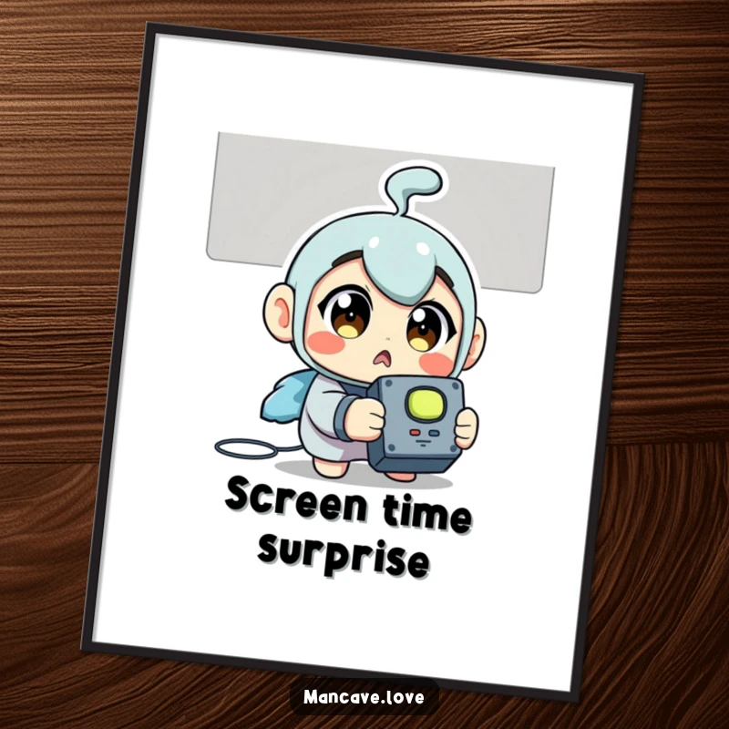 Funny Digital Art: A surprised character clutching a TV remote, eyes wide with the discovery of entertainment.