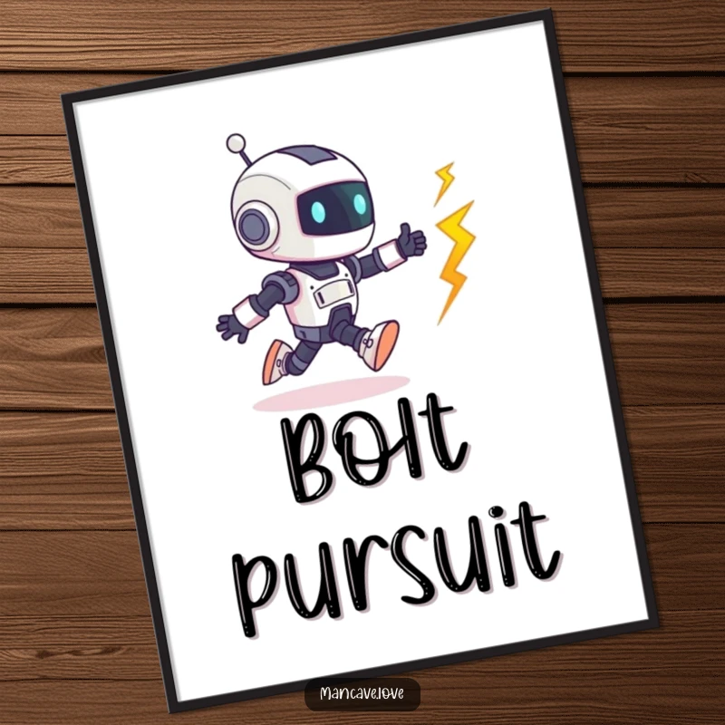 Funny Robot Digital Art: A tiny robot character playfully chases a runaway bolt, creating humorous and dynamic wall decor.