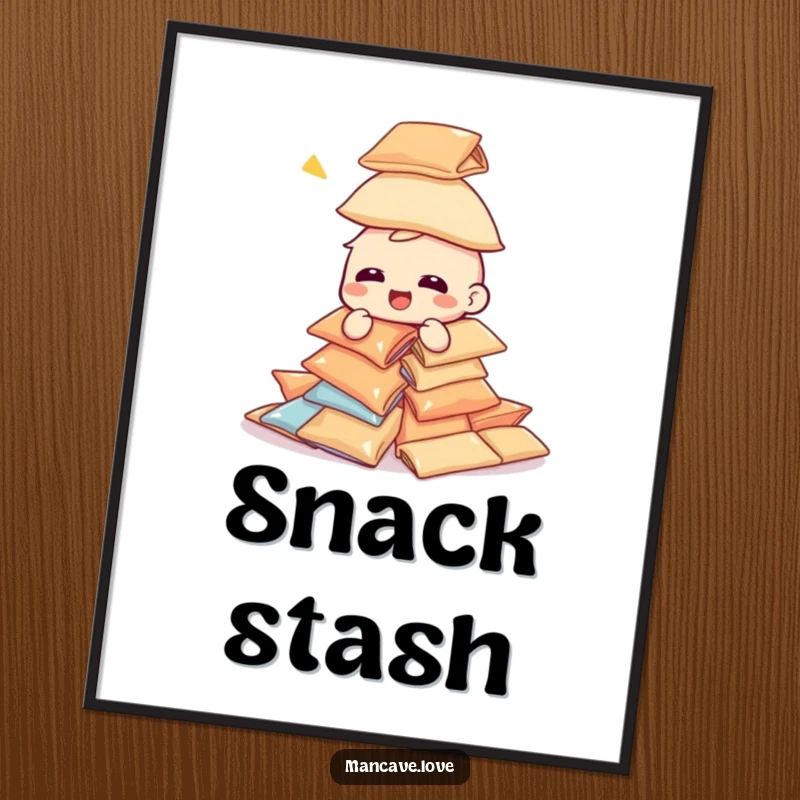 Funny giggling character digital art print, attempting to build a tower of snack bags, printable humorous artwork.