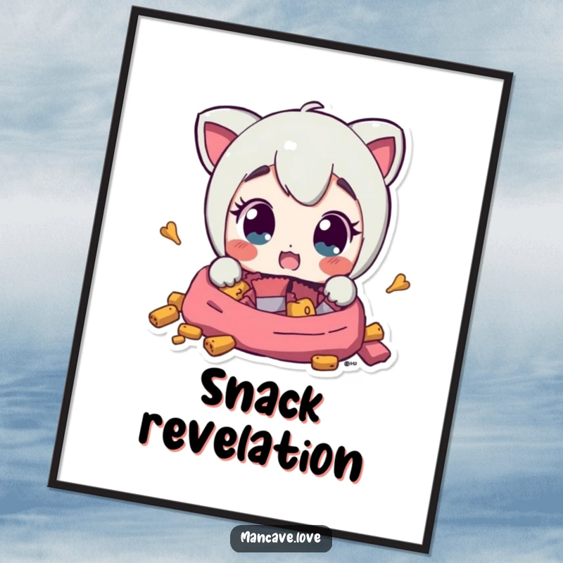 Funny Digital Art Print shows a character with wide, surprised eyes discovering hidden snacks, adding instant humor and relatable delight to decor.