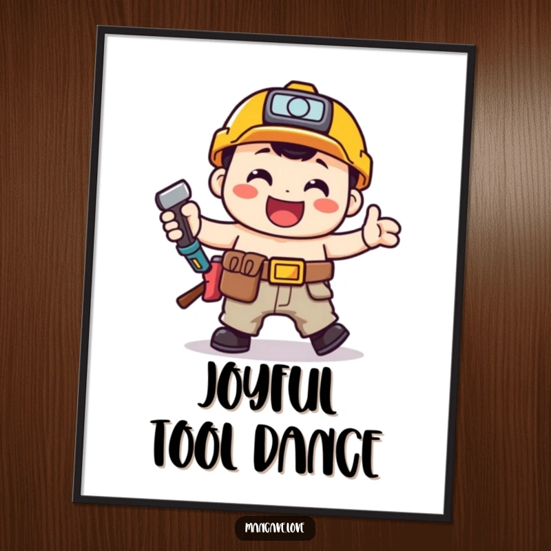 Funny toolbelt character doing a happy jig, available as a high-resolution digital art print.