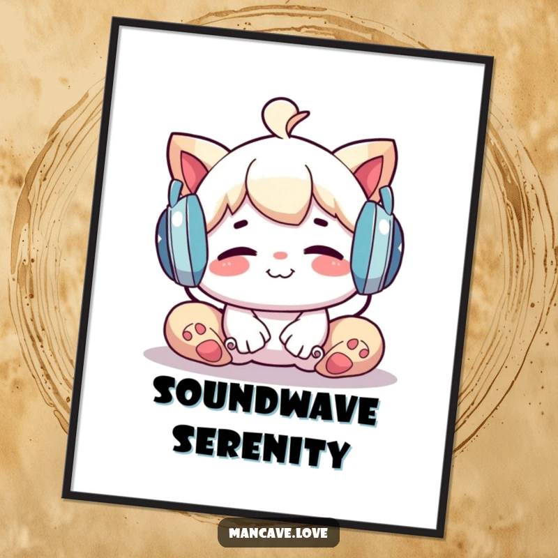 Funny Digital Art: A character relaxing with oversized headphones, enjoying music, radiating peace and joy, a downloadable funny gift.