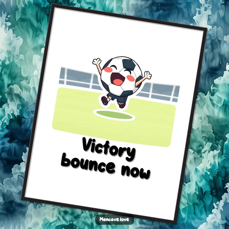 Funny football bounce digital art of a joyful character in a dynamic bouncing pose, perfect for sports-themed decor.