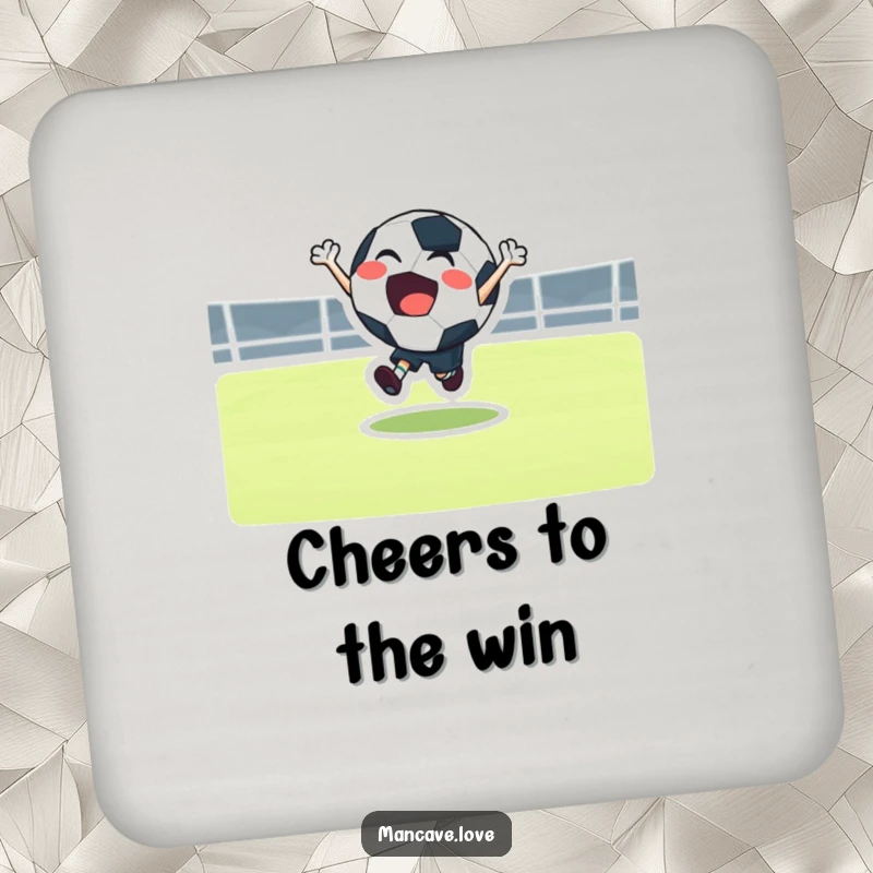 Funny football bounce coaster featuring a joyful character bouncing, perfect for protecting surfaces with humor.