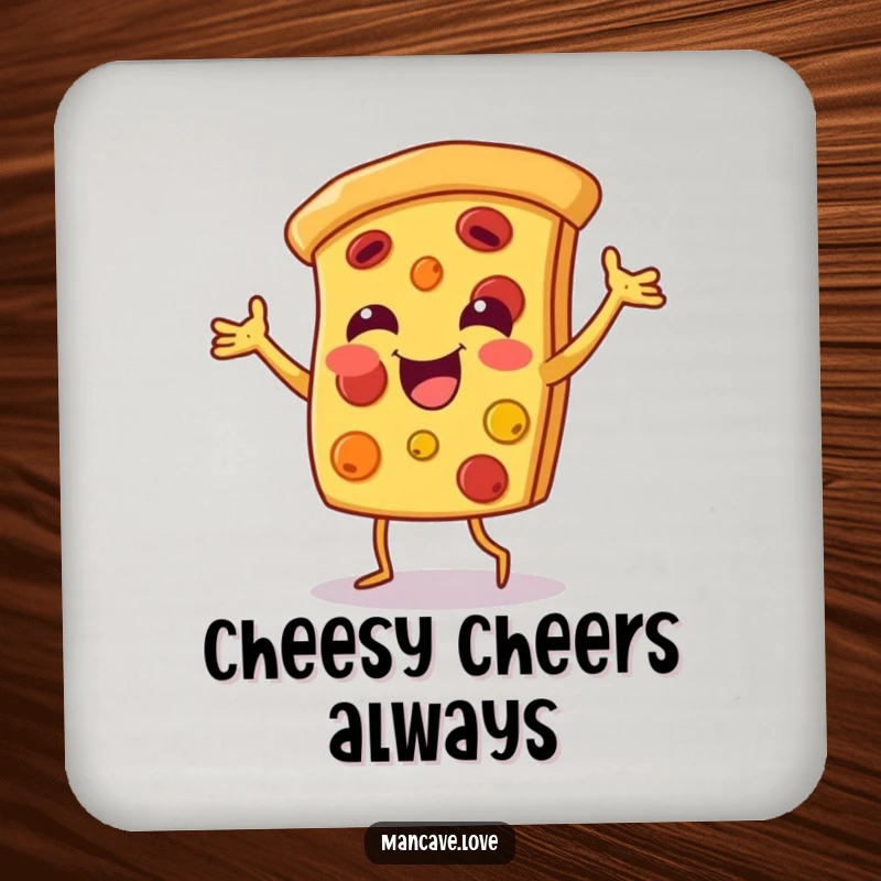 Funny pizza dance coaster featuring a smiling pizza slice character dancing happily, perfect for protecting surfaces.