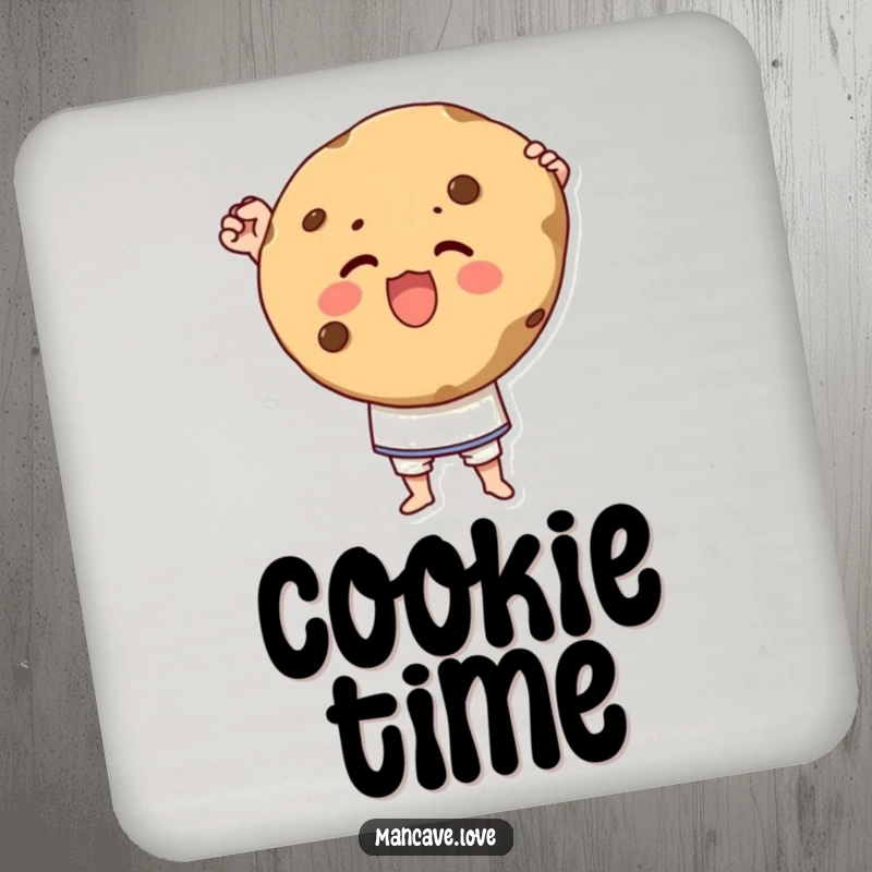 Funny drink coaster set with a character triumphantly holding a giant cookie with pride, protecting surfaces deliciously.