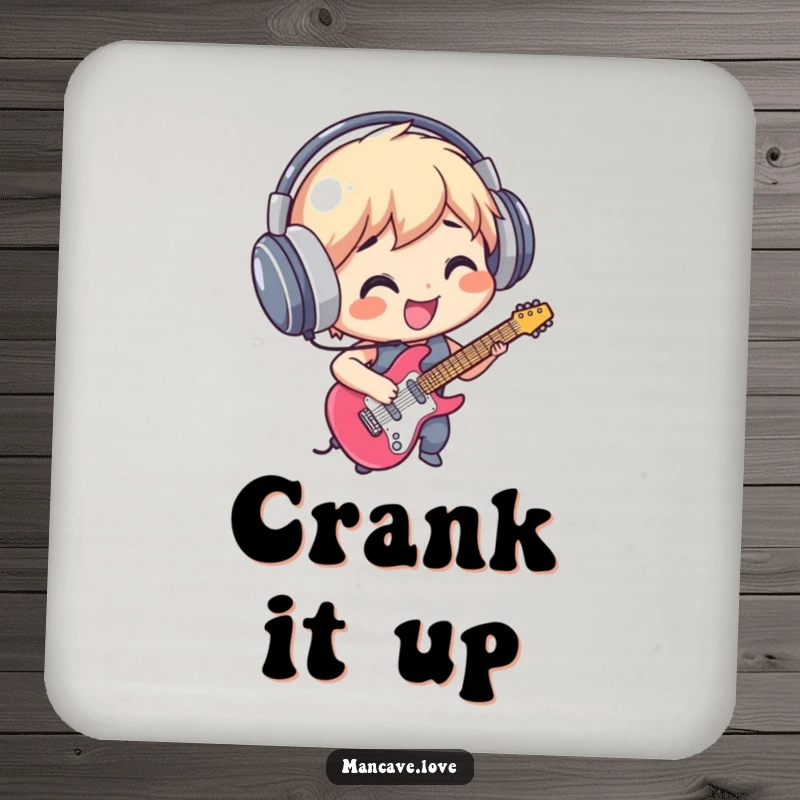 Funny Coaster: A smiling character with headphones playing an air guitar, adding a humorous musical touch to drink protection.