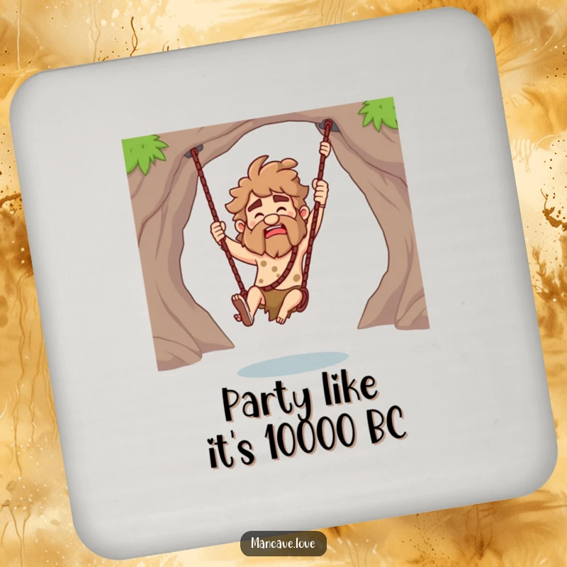 Funny Caveman Coaster featuring a character playfully swinging a club, protecting your furniture with a touch of prehistoric humor.