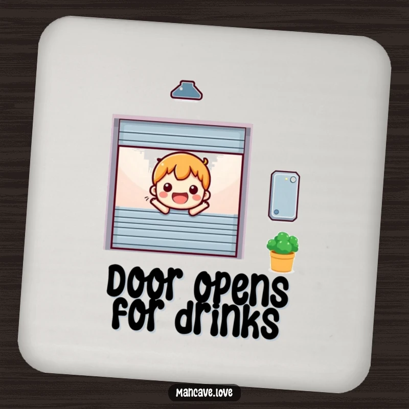 Funny miniature garage door character opening cheerfully, serving as a welcoming drink coaster.
