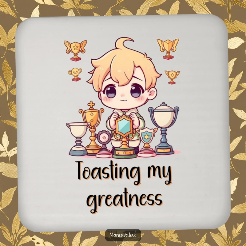 Funny Coaster: A character admiring imaginary trophies, bringing ambition and surface protection, a charming funny gift.