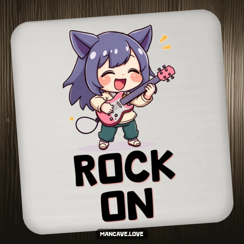 Funny drink coaster set with a character joyfully playing a tiny air guitar with excitement, protecting surfaces with flair.