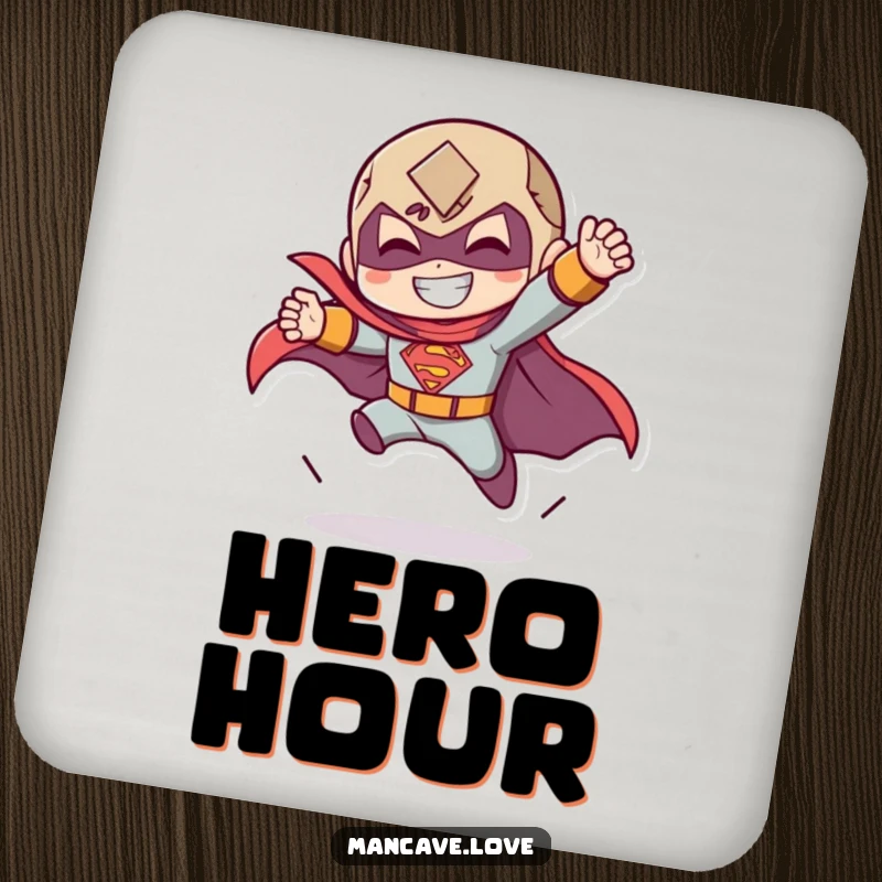 Funny drink coaster set with a character doing a dramatic superhero landing with a grin, protecting surfaces heroically.