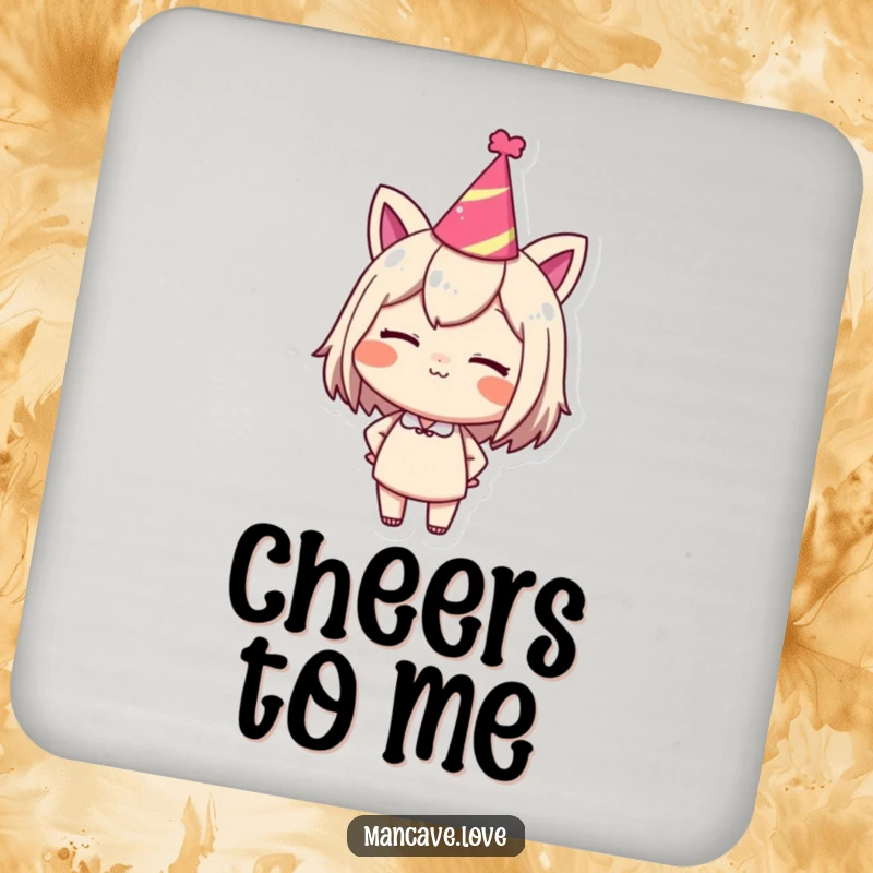 Funny drink coaster set with a character in a party hat, confidently winking, protecting surfaces with humor.