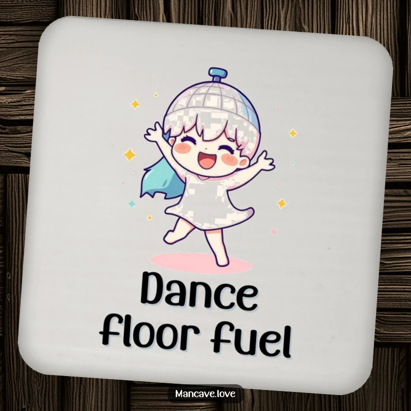 Funny drink coaster featuring a character dancing with a spinning disco ball, protecting tables with humor and retro flair.