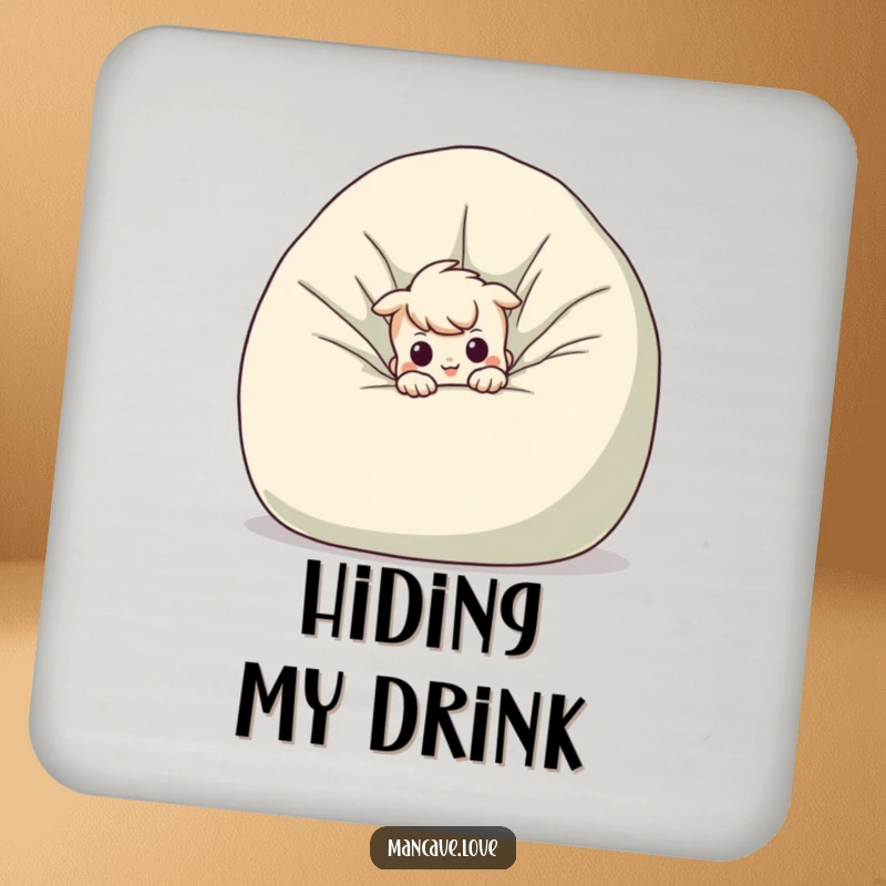 Funny mischievous character coaster, peeking from behind a giant beanbag chair, humorous and protective accessory.
