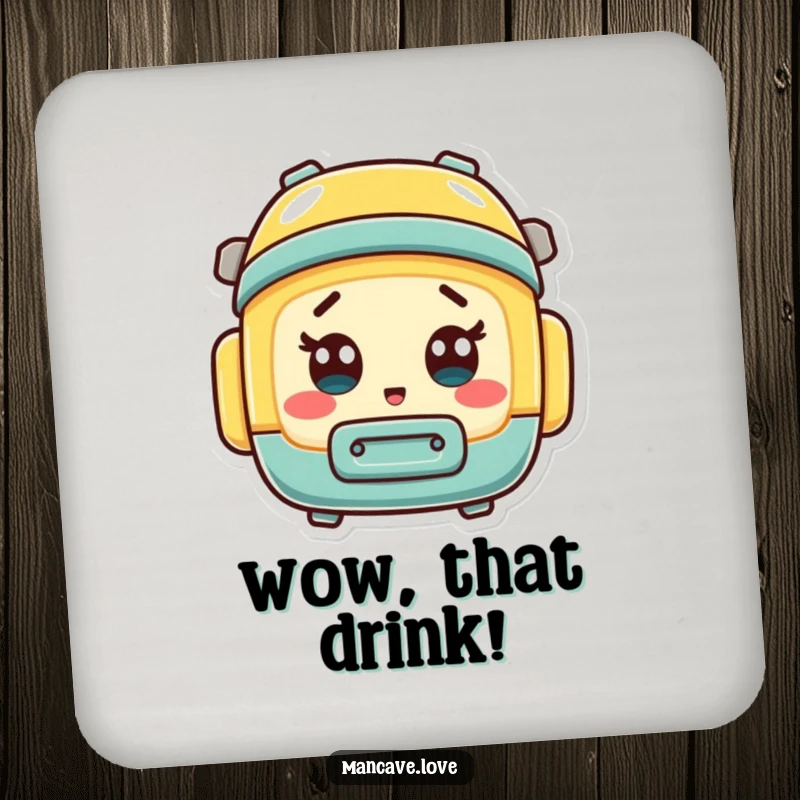 Funny mini toolbox character with a surprised expression, serving as a quirky drink coaster.