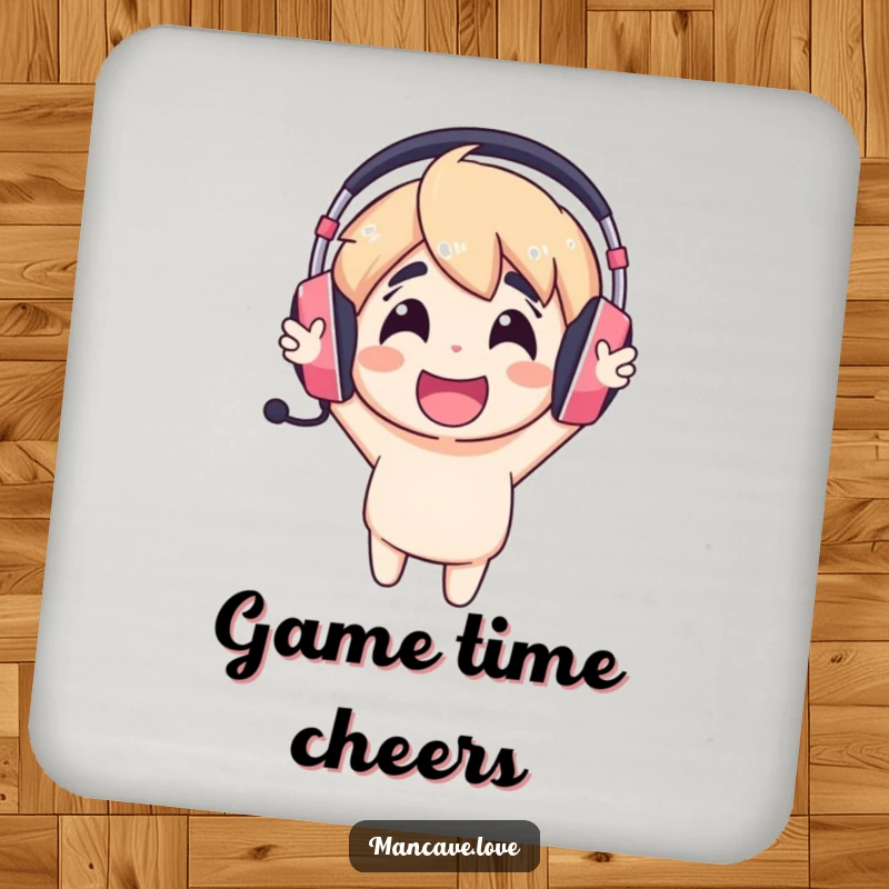 Funny gaming headset coaster featuring a cheerful character cheering loudly, perfect for protecting surfaces.