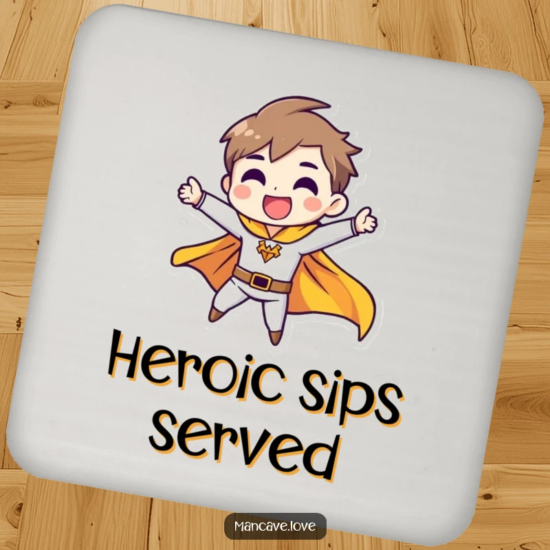 Funny drink coaster featuring a character in a heroic pose with a fluttering cape, protecting surfaces with humor and flair.
