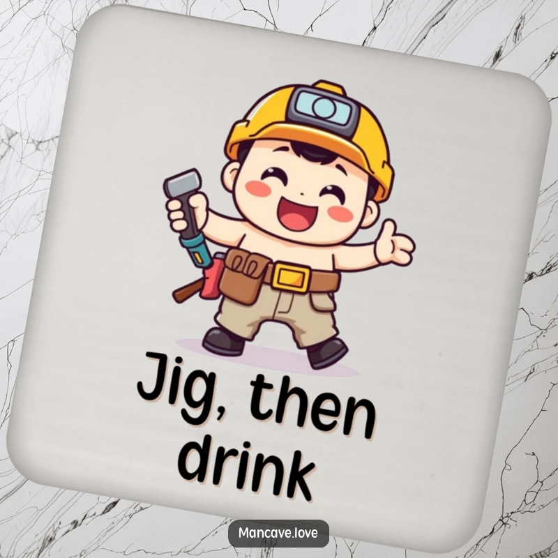 Funny toolbelt character doing a happy jig, serving as a lively drink coaster.